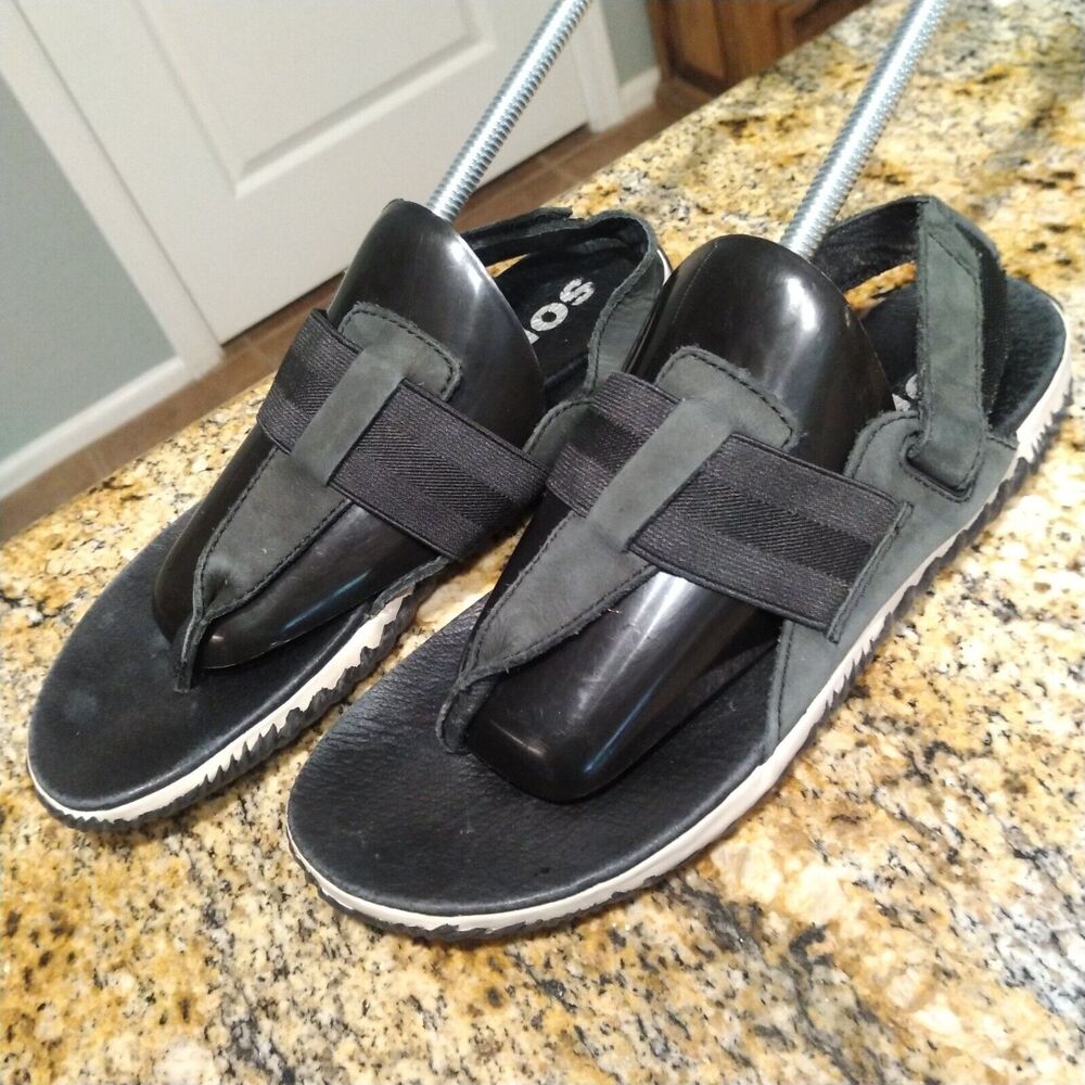 Sorel Out N About Plus Sandals Leather Thong Slingback Black Women's Sz 7.5